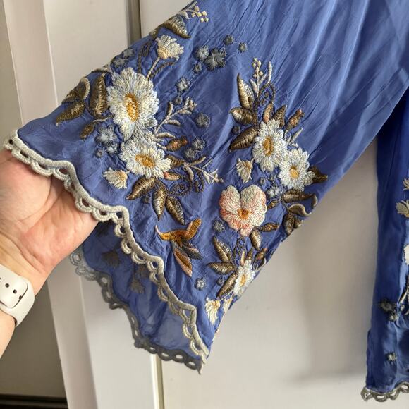 New Johnny Was Indina Blouse Blue Floral Embroidery Lace Long Sleeve Sz S - Picture 5 of 10